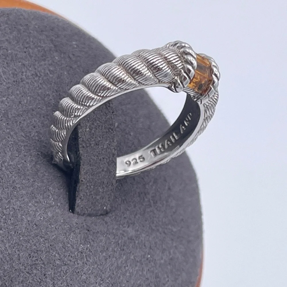 Judith Ripka Sterling Silver 925 Textured Ring Citrine Baguette Rhodium Plated